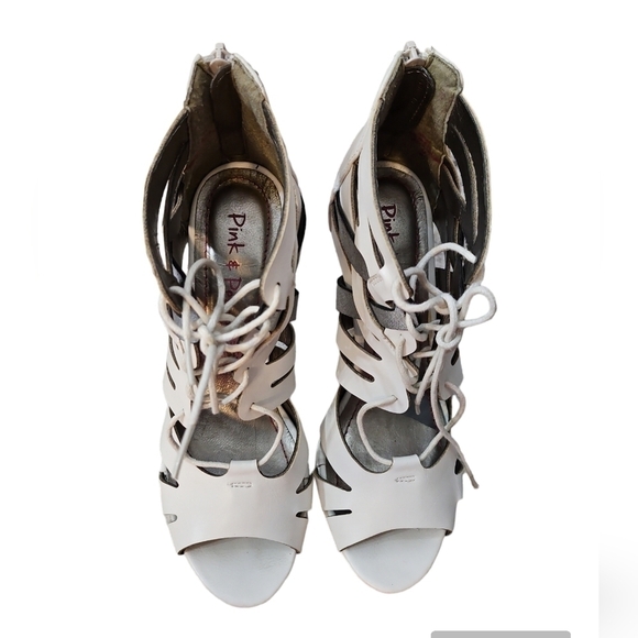 Pink & Pepper Cut Out Lace Up White & Silver Open Toe Platform, Heel Size 7 - Picture 6 of 10